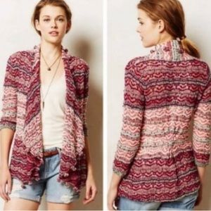 Anthropologie Moth Pom Pom Open Knit Pink Gray Ivory Sweater Cardigan XS